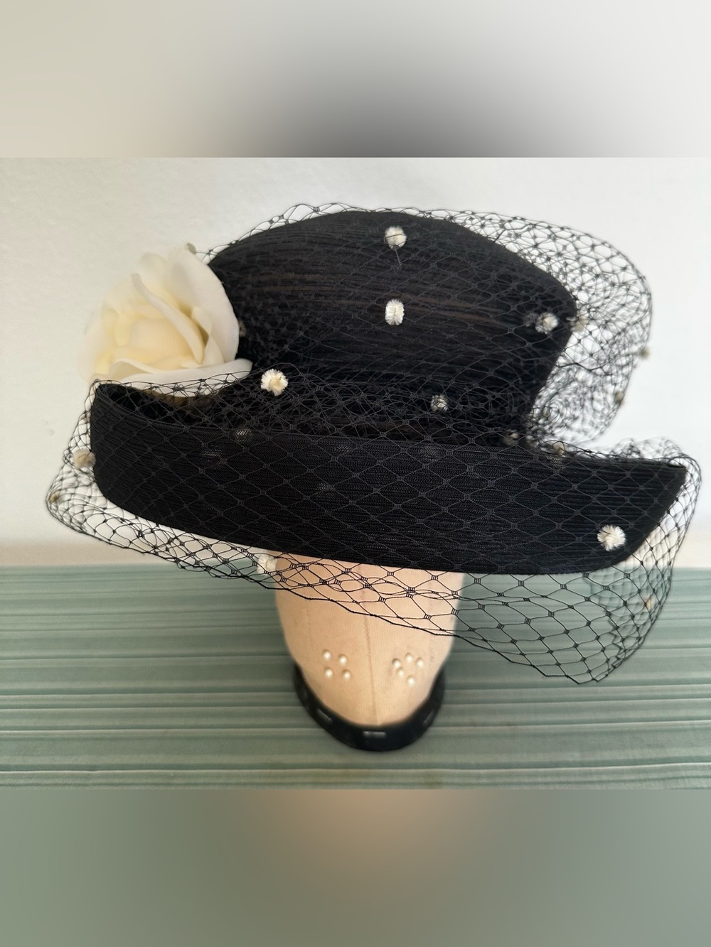 Black Veiled  Hat with Ivory Flower Accent